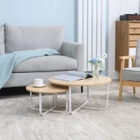 HOMCOM Conjunto de 2 Mesas de Centro Ø65x32cm e Ø45x26cm Mesas Redondas com Bancada de Madeira e Pés de Metal Madeira e Branco(m-9)