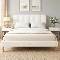 HOMCOM Cadre de lit 160x200cm avec sommier, tête de lit réglable, lit double rembourré en velours teddy, lattes en bois, blanc(m-9)