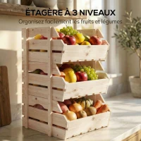 Outsunny Support de Corbeille à Fruits en Bois de Sapin à 3 Étages Amovibles, pour Fruits et Légumes, 27x37,5x60cm, Naturel(m-4)