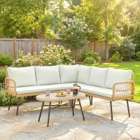 Outsunny Salotto da Giardino 4pz con 2 Divani 2 Posti, Angolo e Tavolino da Caffè, in Acciaio e Rattan, Legno e Crema(m-2)