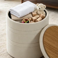 HOMCOM Pouf de Rangement en Chenille avec Couvercle, Tabouret Rond pour Salon et Chambre, Beige(m-12)