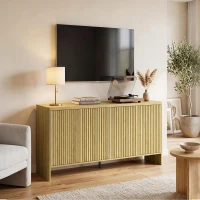 HOMCOM Buffet salon, meuble de rangement avec 4 portes rainurées, étagère réglable, ouverture par pression, 147x40x77cm, chêne(m-9)