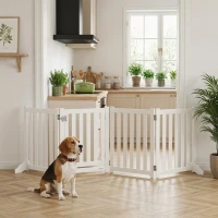 PawHut Barriera per Cani Pieghevole a 4 Pannelli con Porta in Legno, 205x60 cm, Bianco(m-5)