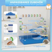 PawHut Hamsterkäfig mit 4 Ebenen, Kleintierkäfig mit Tunnelsystem, Hütte, Laufrad, für Zwerghamster, 78 x 45 x 73 cm, Blau(m-6)