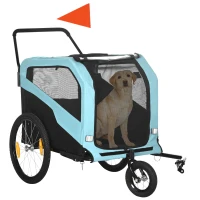 PawHut 2-in-1 hondenaanhanger, schuiffunctie, 2 ingangen, gaasraam, zonwering, stalen frame, lichtblauw, 170 x 77 x 90 cm(m-11)