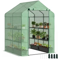 Outsunny Serre de Jardin avec Étagères 3 Niveaux, Petite Serre de Balcon en Bâche PE 140 g/㎡ Renforcée 143 x 138 x 190 cm, Vert(m-11)