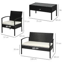 Outsunny 4-delig Tuinmeubelset Tuinzitgroep Tuinset, weerbestendig, inclusief kussens, Zwart + Wit(m-3)