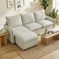 HOMCOM Canapé 3 places avec pouf de rangement, canapé d'angle modulable 212 cm, coussins à ressorts, tissu en lin, crème(m-2)