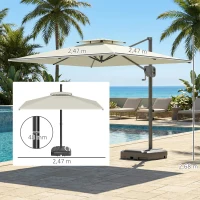 Outsunny Parasol déporté carré 2,5 x 2,5 m, parasol de jardin extérieur, Double Toit, inclinable, 2 bases, manivelle, Crème(m-3)