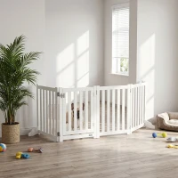 PawHut Barrera de Seguridad para Perros Plegable de Madera con 4 Paneles Puerta y Pies de Soporte 205x60 cm Blanco(m-4)