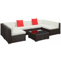 Outsunny Ensemble salon de jardin 7 pièces modulables, coussins déhoussables inclus, table basse avec plateau verre trempé, en résine tressée, brun foncé(m-1)