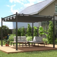 Outsunny Pergola de jardin exterieur 3 x 3 m avec toit rétractable et fixation magnétique, abri soleil UPF30+, gris(m-2)