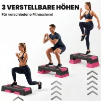 SPORTNOW Steppbrett höhenverstellbar Fitness Aerobic Stepper mit 3 Stufen (12/17,5/22,5 cm), Anti-Rutsch-Matte Schwarz+Rosa(m-4)