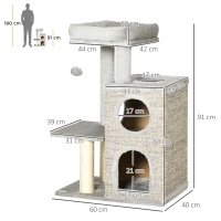 PawHut kattenboom met kattengrot, kattenbed en speelbal, 60 cm x 40 cm x 91 cm, lichtgrijs+naturel(m-3)