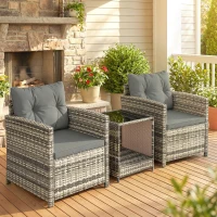 Outsunny Salon de Jardin Extérieur 3 Pièces en Résine Tressée Table et 2 Fauteuils avec Coussins, 62x65x75cm, Gris Clair(m-2)