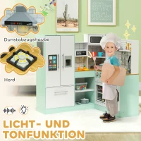 AIYAPLAY Houten Kinderkeuken met krijtbord, afzuigkap, ijsblokjesmachine, licht- en geluidseffecten – Speelkeuken cadeau voor jongens en meisjes vanaf 3 jaar, wit en groen(m-4)