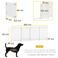 PawHut Barriera per Cani Pieghevole a 4 Pannelli con Porta in Legno, 205x60 cm, Bianco(m-3)