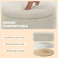 HOMCOM Pouf de Rangement en Chenille avec Couvercle, Tabouret Rond pour Salon et Chambre, Beige(m-6)