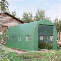 Outsunny Estufa tipo Túnel 500x200x205 cm Estufa de Jardim com Porta Enrolável e 8 Janelas Cobertura de PE 140 g/m² Verde(m-5)