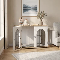 PawHut Gaiola para Cão Móvel-Gaiola para Cão de Interior Arqueada com Porta Dupla como Mesa de Apoio em Metal 80x56x59cm Branco(m-2)