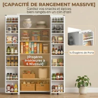 HOMCOM Buffet haut cuisine, armoire cuisine, 2 portes avec roulette, 6 compartiments, 14 porte-racks, étagères réglables, blanc(m-4)