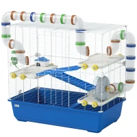 PawHut Hamsterkäfig mit 4 Ebenen, Kleintierkäfig mit Tunnelsystem, Hütte, Laufrad, für Zwerghamster, 78 x 45 x 73 cm, Blau(m-10)