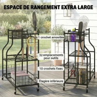 Outsunny Organisateur d'Outils de Jardin en Acier à 3 Niveaux, 32 Emplacements, 4 Roues, 11 Crochets, 104x40x95cm, Noir(m-4)
