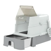 PawHut Caja de Arena para Gato con Tapa Extraíble, Cajón Deslizante, Pala, 2 Bolsas Filtrantes y Pedal, 60x40x45cm, Gris(m-8)