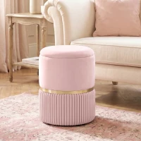 HOMCOM Pouf tabouret repose-pied coffre de rangement en velours côtelé 36 x 36 x 44 cm pour salon chambre rose(m-2)