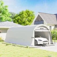 Outsunny Tendone per Auto da Esterno UV50+ con Porta Avvolgibile e Metallo Zincato, 3.6x7.2 m, Bianco Crema(m-3)
