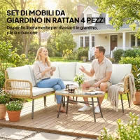 Outsunny Salotto da Giardino 4pz con 2 Divani 2 Posti, Angolo e Tavolino da Caffè, in Acciaio e Rattan, Legno e Crema(m-4)