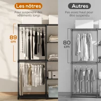 HOMCOM Armoire de rangement, penderie portable avec 3 barres de suspension et 4 étagères, 142 x 43 x 185 cm, noir(m-4)