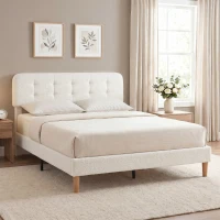 HOMCOM Cadre de lit 160x200cm avec sommier, tête de lit réglable, lit double rembourré en velours teddy, lattes en bois, blanc(m-10)