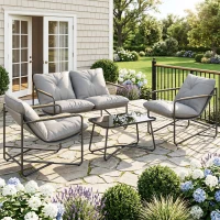 Outsunny Salon de Jardin 4 Pièces Ensemble avec Canapé 2 Places, 2 Fauteuils et Table Basse Verre Trempé Coussins 13cm Gris Clair(m-2)