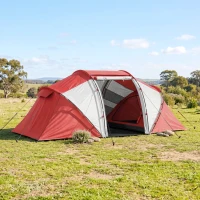 Outsunny Tente de camping familiale 4 personnes tente dôme étanche légère, ventilée 2 cabines fenêtre grande porte gris rouge(m-2)