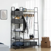 HOMCOM Garderobenständer im Industrie-Design, 8 Regalböden, 5 Kleiderhaken, 1 Schuhbank, 2 Schubladen, Grau + Braun(m-10)