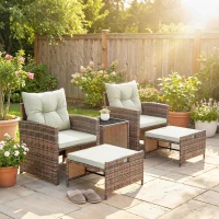 Outsunny Set da Esterno in Rattan e Acciaio 5pz con 2 Pouf, 2 Sedie e Tavolino da Caffè a 2 Livelli, Marrone e Crema(m-10)