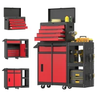 HOMCOM Werkzeugwagen auf Rollen 3-in-1 mit 5 Schubladen und Unterschrank, Lochplatten und Schloss, Schwarz und Rot(m-8)