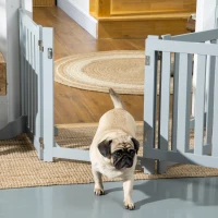 PawHut Barrera de Seguridad para Perro Plegable de Doble Cara en Madera, 4 Paneles con Puerta, Pies de Soporte, 205 x 60 cm, Gris(m-5)