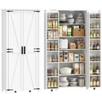 HOMCOM Buffet haut cuisine, armoire cuisine, 2 portes avec roulette, 6 compartiments, 14 porte-racks, étagères réglables, blanc(m-12)
