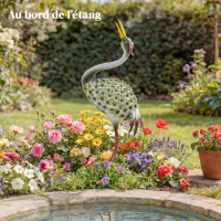Outsunny Statues de Jardin, Sculpture de Héron en Métal, Statues d'oiseaux 71 cm, pour Cour, Étang, Terrasse, Vert(m-9)