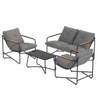 Outsunny Salon de Jardin 4 Pièces Ensemble avec Canapé 2 Places, 2 Fauteuils et Table Basse Verre Trempé Coussins 13cm Gris Clair(m-11)