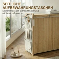 HOMCOM Bambus-Wäschekorb mit abnehmbarem Kordelzug-Sack und seitlichen Aufbewahrungstaschen, 120L, Natur(m-7)