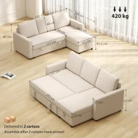 HOMCOM Canapé d'angle convertible modulable avec méridienne réversible, coffre de rangement et 3 coussins de dossier, crème(m-3)