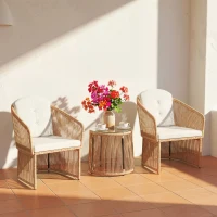 Outsunny Salon de jardin extérieur en résine tressée 2 personnes, table de jardin extérieure avec 2 chaises avec coussins, crème(m-2)