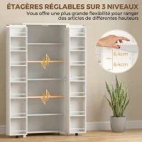 HOMCOM Buffet haut cuisine, armoire cuisine, 2 portes avec roulette, 6 compartiments, 14 porte-racks, étagères réglables, blanc(m-6)