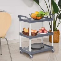 HOMCOM Chariot de service desserte de cuisine à roulettes 3 étagères dim. 88L x 44l x 93H cm alu. polypropylène gris(m-8)