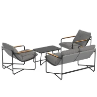 Outsunny Salon de Jardin 4 Pièces Ensemble avec Canapé 2 Places, 2 Fauteuils et Table Basse Verre Trempé Coussins 13cm Gris Clair(m-10)