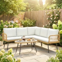 Outsunny Salotto da Giardino 4pz con 2 Divani 2 Posti, Angolo e Tavolino da Caffè, in Acciaio e Rattan, Legno e Crema(m-10)