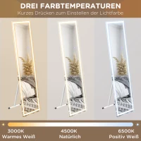 HOMCOM Staande spiegel Wandspiegel, volledige lichaamsspiegel, met LED's, 40 cm x 150 cm, Wit + Zilver(m-6)